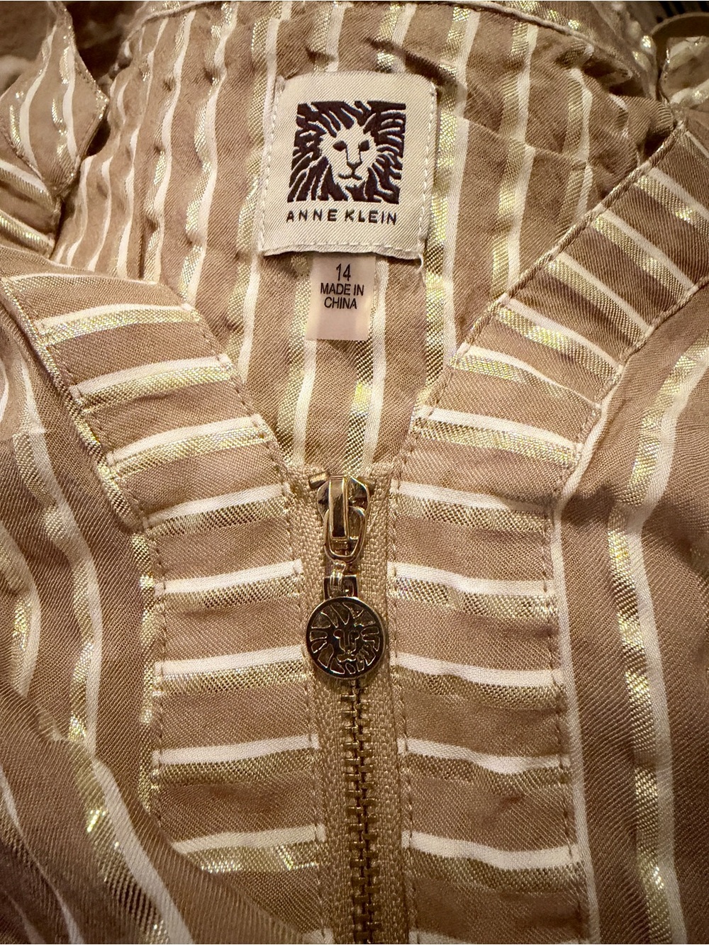 NEW Anne Klein Gold Tan White Striped Shift Mini Dress |Sz 14 | Luxe & Zip Front - Picture 4 of 11
